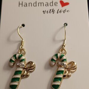 NWT HANDMADE GREEN & GOLD RHINESTONE CANDY CANE EARRINGS